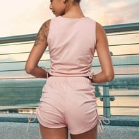 Oavqhlg3b модни дамски комплекти от две части секси солиден цвят теглене без ръкави от екипаж на реколтата на реколтата спортни йога къси панталони