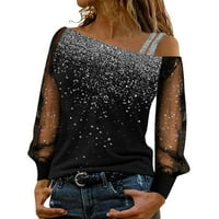 Пайети блуза сплайс печат студени върхове ръкав разхлабена тениска с дълги рамо ежедневни жени женски блуза