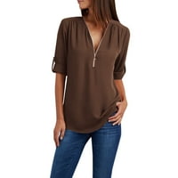 Дамски v шия ежедневно блуза с тениски за ръкав секси шифон с цип Up Tunics върхове плюс размер