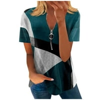 Летни горещи ризи за жени през жените летен темперамент цветен блок сплайсинг отпечатан v-образен с цип тениска с къс ръкав отгоре