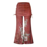 Жени винтидж панталони с теглене на разпалени дълги ширини отпечатани панталони за крака Red 2xl