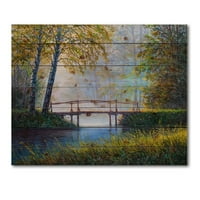 Art DesignArt „Сутрешна слънчева светлина и пробуждащата пролетна гора“ езерна къща отпечатък върху естествена борова дървесина в. Широко. Висока