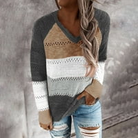 Дамски пуловери пуловери модни жени ежедневни пачуърк v-образно деколте с дълги ръкави пуловер блуза върхове