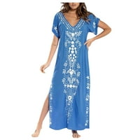 Дамски рокли с къс ръкав солидна модна дължина на глезена a-line v-neck лятната рокля синьо l