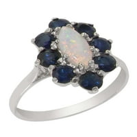 Британците направиха 10K бяло злато, истински естествен Opal & Sapphire Womens Anniversary Ring - Опции за размер - размер 5.5