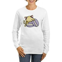 Тениска с дълъг ръкав на Cafepress - Macaron Kitty - Женски графична тениска с дълъг ръкав
