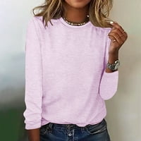Есенни ризи за жени ежедневни дълги ръкави кръгла шия солидна пуловер суичъри върхове свободни лек памук основни туники тийнейджъри блуза светло розово l