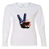 Wild Bobby, American Flag Mear Sign Hand Поп култура Женска графична тениска с дълъг ръкав, бяла, 2XL
