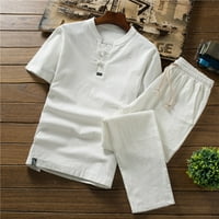 Yubnlvae костюми за мъже Лятна мода Мъжки памук и бельо къси шорти с къси ръкави комплект костюм бяло бяло