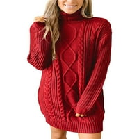 Капрези дами джъмпер върхове с дълъг ръкав плетен пуловери с висок пуловер на врата Небрежно пуловер плътно цвят червен XL