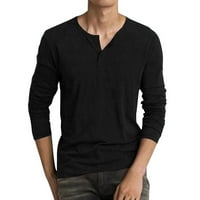 Памучни смеси ризи върхове за мъже солиден бутон за падане на дълъг ръкав кръг от врата пуловер блузи удобни стрии ежедневни тениски