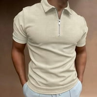 Puawkoer мъжки ежедневни Walf проверява солидна тениска блуза отхвърляне на яка цип ризи с къс ръкав блуза мъжки модни каки