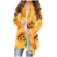 Yubatuo Женски моден ежедневен Хелоуин печат средна дължина дълги ръкави жилетка върхове палто за жени оранжево xl