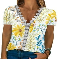 Wrcnote жени тениска флорална щампа летни върхове с къс ръкав тениска работа ежедневно пуловер v шия туника блуза жълто s