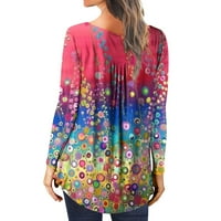 Върхове Clearance Мода жена с дълъг ръкав кръгла шия печат блуза есен причинно -следствен бутон за пуловер върхове