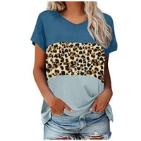 Женски летни ежедневни основни върхове Леопардови ивици Флорален принт V Врат късо ръкав Тениски на тениски свободни годни блузи блузи