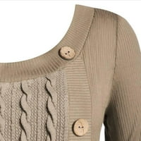 Scyoekwg плюс размер дамски пуловери Небрежни кръгли шия класически плътни цветове бутон пачуърк асиметрични върхове пуловер с дълъг ръкав плетен пуловер a02-khaki xxxxl