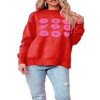 Vigorbear Women Fashion Fashion Valentine Day Day Stueter Heart Lips Print Cound Neck Long Dongleve Tops Есента зима ежедневни пуловери