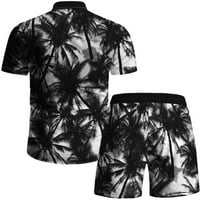 Ecqkame Мъжки случайни хавайски риза и къси костюми Разчистване Мъже случайни бутони за преобръщане Кардиган Превръщане за печат с къс ръкав Блуза и панталони Черно xxxl