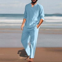 Cllios Мъжки бельо комплект дълги ръкави Хенли ризи Небрежни плажни панталони с джобове Летни йога тоалети