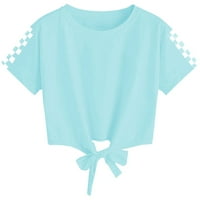 Момичета лятна кръгла шия с къс ръкав сладък тениска с чиста цветна тениска