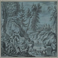 Южен пейзаж с печат на афиш за водопад и кози, като се приписва на Фердинанд Кобел
