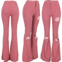 Дамски Жан Лейди Модна дупка цип с цип широк крак Нарязани панталони панталони за жени, розово, м
