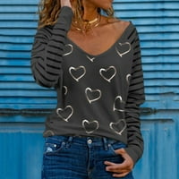 Gotyou Spring Tops Women's Fashion Heart Print V-образно деколте плюс размер върхове с дълъг ръкав блуза Black XXL