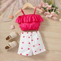 Модно лятно детско облекло Нови момичета летни дрехи роза червена торта от суспендер Топ + сърце с форма на печат Детски комплект дрехи