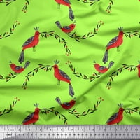 Soimoi Green Polyester Crepe плат листа, горски плодове и птици Фолк изкуство Печат Шиещ тъкан двор
