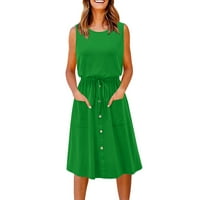 Жени солиден цвят бутон midi рокля лятна без ръкаща рокля от екипаж на шията разрушени джобове рокля зелено l