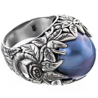 Смел южен тихоокеански синьо мабе култивирани перлени листа люлка стерлинги сребърен пръстен