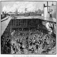 Плуване, 1882. Денят на N'Women в баня за плуване в Ню Йорк. Гравиране на дърво, американска. Печат на плакат от