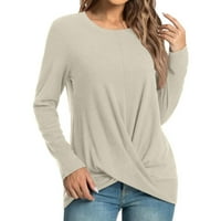 Yyeselk жени с дълъг ръкав кръгла тениска на врата предни възел туника върхове ежедневни свободни монтирани плътни цветове тениска пуловер блуза бежово xxl