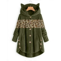 Sawvnm плюс размер палто жени бутон плюшени върхове с качулка свободна жилетка леопардова пачуърково палто яке горещи продажби Army Green L
