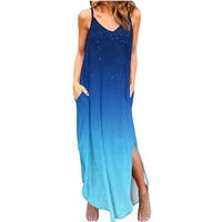 Sundresses за жени плюс размер макси рокля за жени Графика на ежедневни без ръкави V Врат Ками Спагети каишка с джобове Лято пуловър мода плаж Класи Y2K Soft Basic Blue XL