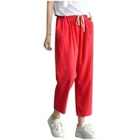 Работни панталони за жени модни удобни свободно време солидни девети панталони джобове разхлабени панталони меки червени размери l