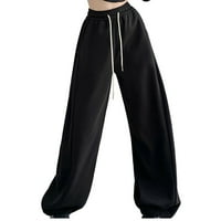 Панталони за жени извънгабаритни прилепнали плътни цветове теглене с висока талия направо широк крак дълги панталони ежедневни модни едни зимни панталони черни s
