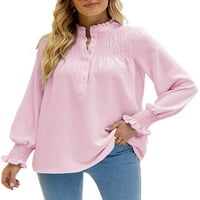 Каприз с дълъг ръкав туника блуза тениска за жени обикновен бутон надолу върхове есенна тениска розово m