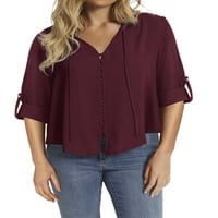 Langwyqu ръкав твърд цвят жени V-образно деколте бутон BLOUSE POPS