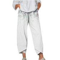 Дамски летни ленени панталони ежедневни еластични талии флорални отпечатани панталони с широки крака с джобове удобни подрязани панталони за крака