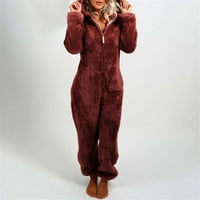 Jsaierl Womens One Fleece Pajamas Jumpsuit Cartoon Bear с качулка размита топла шерпа цип ромпер за сън