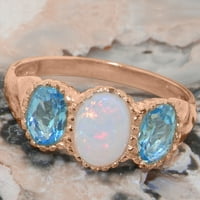 Британски направен 18K розов златен пръстен с естествен опал и син топаз женски пръстен за годежен пръстен - размер на размера - размер 9.75