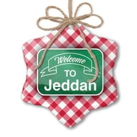 Коледен орнамент Зелен знак Добре дошли в Jeddah Red Plaid Neonblond