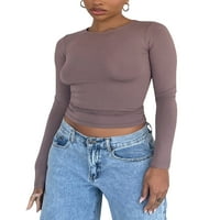 Женски твърд цвят кръгла деколтена тениска с дълъг ръкав