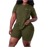 Jyeity жени модни маратонки ежедневни опаковки гърди блуза риза ръкав топ къси панталони Два комплекти с къс ръкав костюми за жените армия зелено размер m