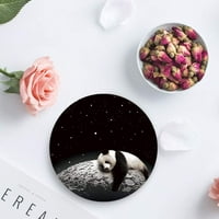 Панда лежи на луната Звездно небесно комплект от кръгъл каботаж за напитки, абсорбиращи керамични каменни камъни чаша постелка с коркова база за домашна кухня стая масичка за масичка декор