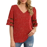 Дамски върхове модни жени V-образни върхове с къси ръкавици ежедневни мрежести шевове тениска червена xxl