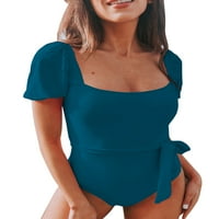 Arainlo Swimsuit жени Контрол на корема с къс ръкав костюм един бански костюми атлетични тренировки бански костюми синьо големи