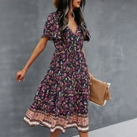 Просвета летни рокли за жени с къс ръкав флорална мода със средна дължина A-Line Dress Purple L
